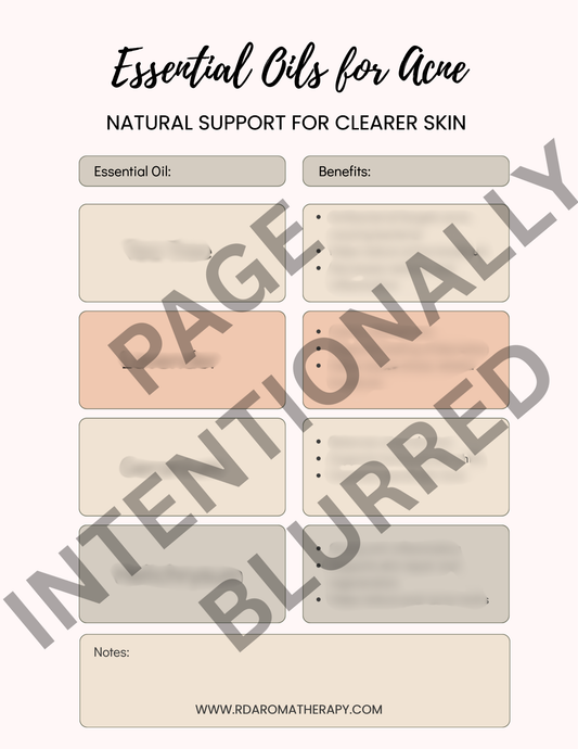 Sheet with columns for essential oil names and benefits, intentionally blurred text.