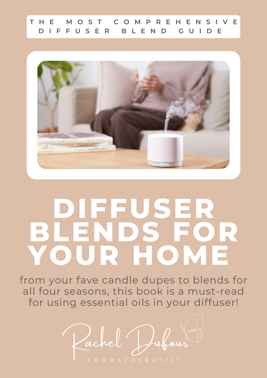 Promotional image for a diffuser blends e-book, featuring a person sitting with a diffuser blend in a peaceful setting, with text overlay about the product being a comprehensive guide for using essential oils in a diffuser.