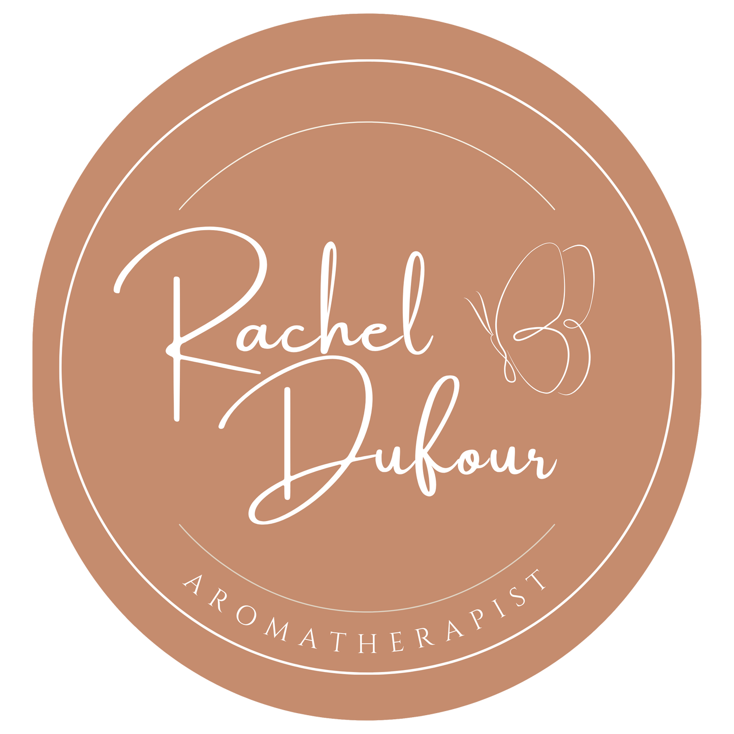 Logo of Rachel Dufour Aromatherapist with a brown circular background