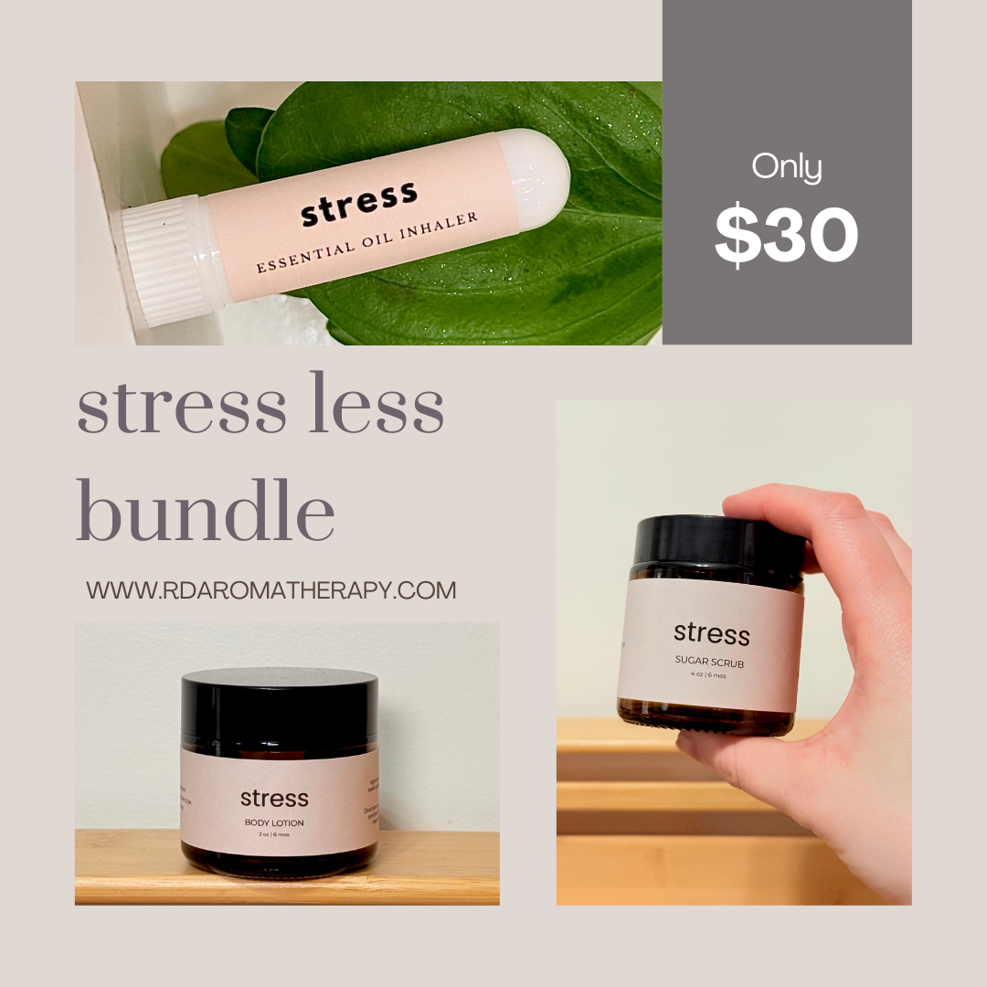 Stress relief products including an essential oil inhaler, body lotion, and scrub with a price tag and website URL.