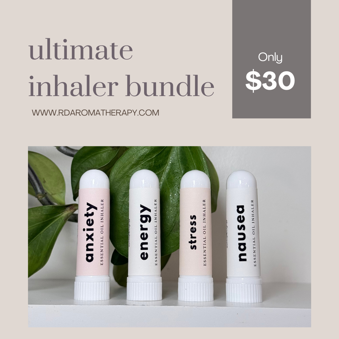 Neutral graphic with label "ultimate inhaler bundle only $30" with a picture of four inhaler tubes labeled "anxiety", "energy", "stress" and "nausea"