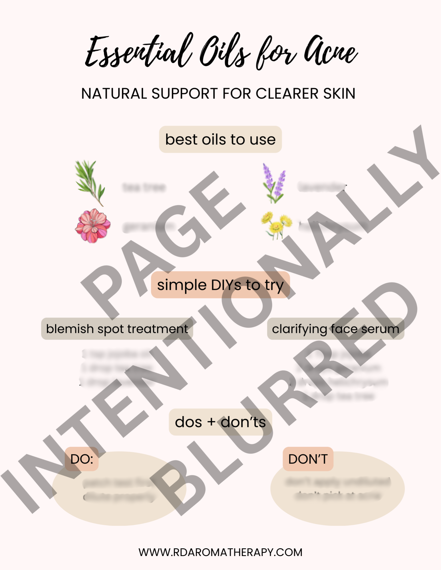 Promotional graphic about essential oils for acne with text and floral elements.