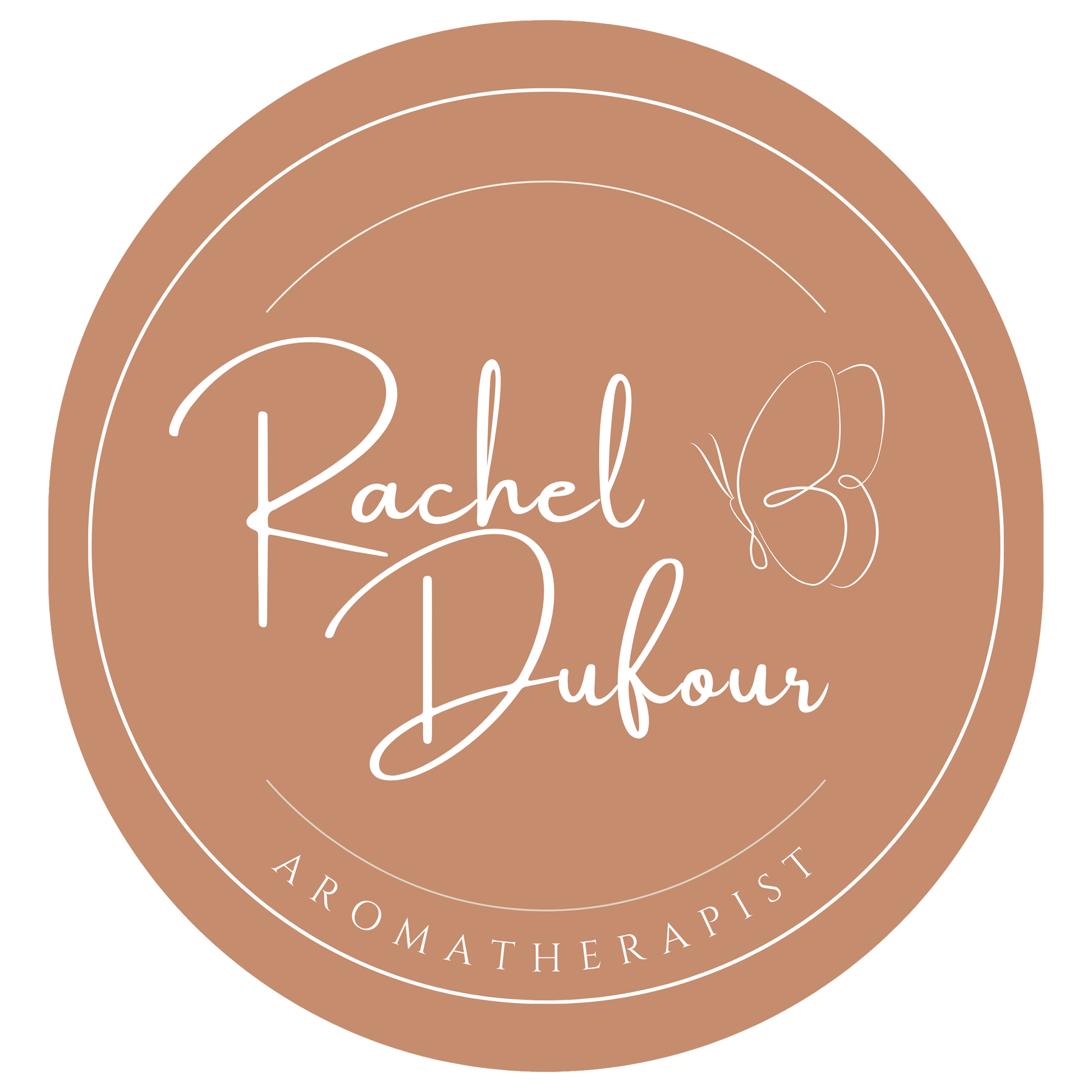 Logo of Rachel Dufour Aromatherapist with a brown circular background