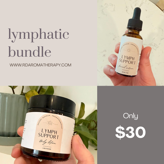 Lymphatic support products including a bottle and a jar held by hands, with text indicating price and website.