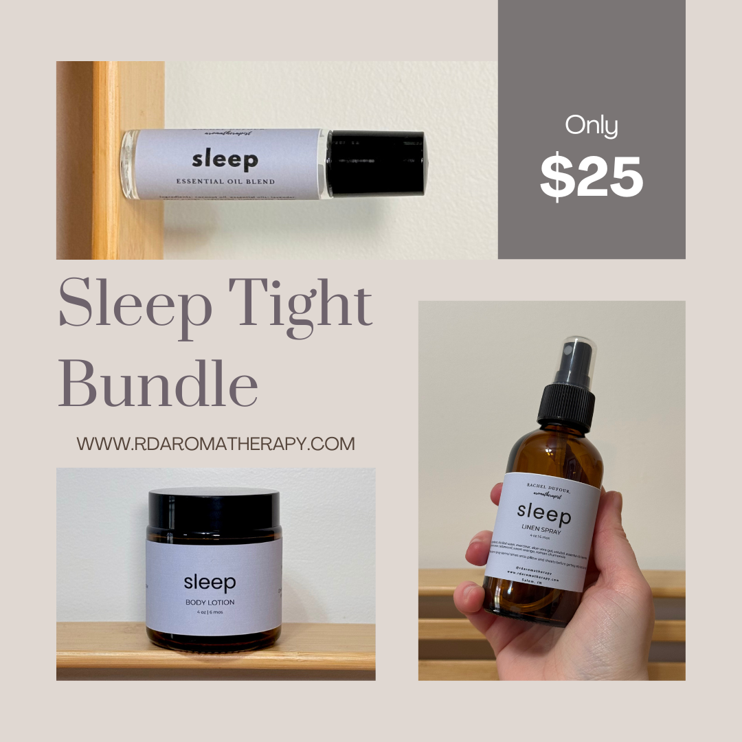 Sleep Tight bundle with essential oil blend, body lotion, and cream on a light background.