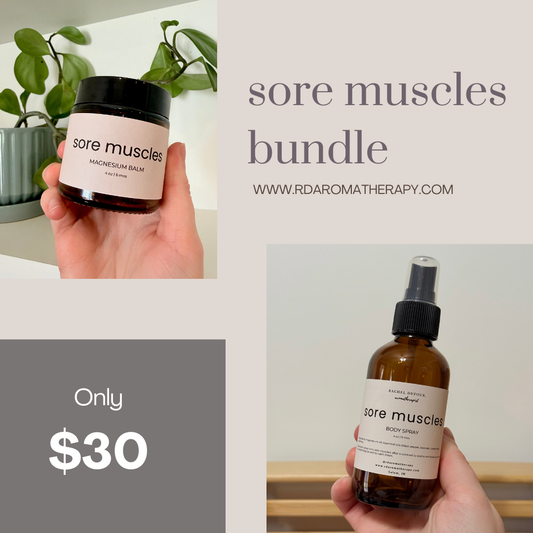 Sore muscles bundle with balm and spray bottle held by a hand, labeled 'sore muscles' with a price of $30.
